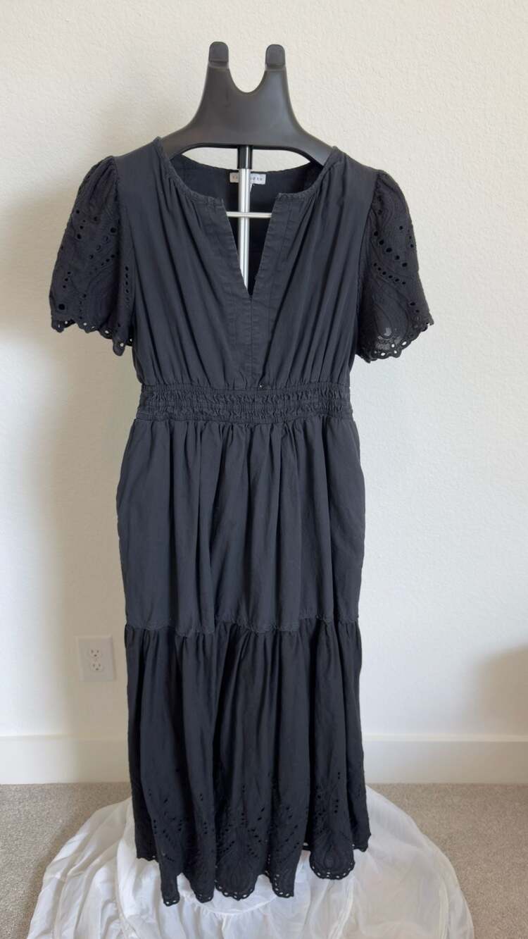 Baltic Born Midi Dress Size L Black Eyelet Tiered Puff Sleeve